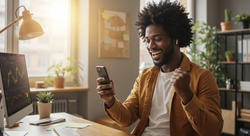 “Happy trader celebrating a successful crypto trade while checking his phone at a home office setup.